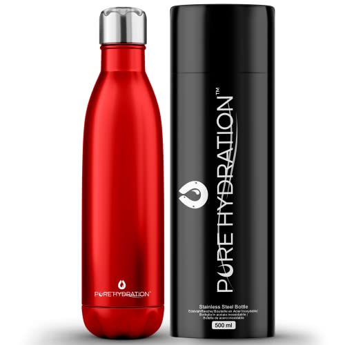 Natures Zest Pure Hydration Trinkflasche Edelstahl 500ml - vakuumisolierte Thermoflasche aus Metall - 12 Std heiße & 24 Std kalte Getränke - BPA-freie Wasserflasche im Gym (Deep Red) Cover