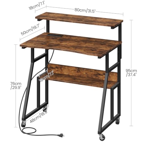 Image of CHOEZON Rolling Computer Desk with Charging Station, 31.5 Inch Mobile Desk with Adjustable Monitor Stand & Storage Shelf, Laptop Table for Home Office, Small Space, Rustic Brown and Black TDN03UBF