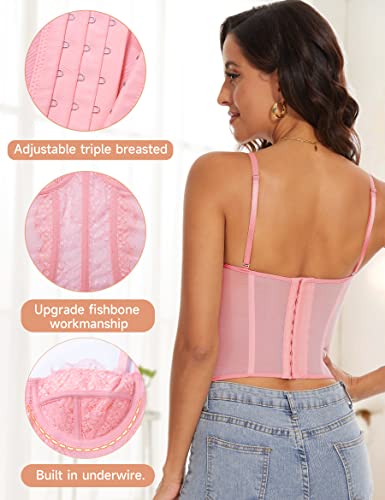 Fengbay Womens Sexy Lace Spaghetti Strap Corset Crop Top Y2K Summer Mesh Vintage Boned Corset Party Bustier Cami Tops #TOP2