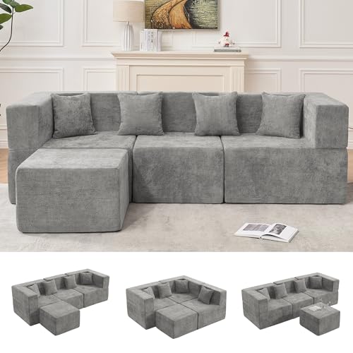 Image of MONVANE 103'' Modular Sectional Sofa, Cloud Sectional Couch with Ottoman, Convertible Chenille L Shaped Couch with Deep Seat, Sectional Couches for Living Room, No Assembly Required, Light Grey