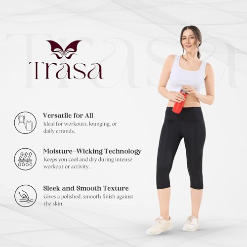Image of TRASA Active 3 /4th Yoga Pants for Womens Gym High Waist with 2 Pockets, Tummy Control, Workout Pants 4 Way Stretch Yoga Capri - Available Sizes - S, M, L,XL, 2XL,3XL,4XL