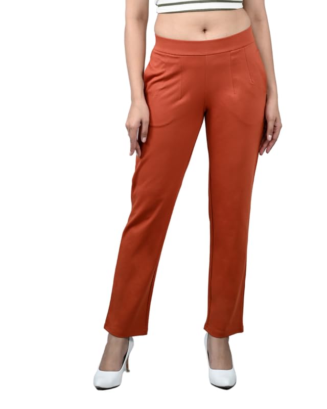 Image of Mlada Straight Fit Cigarette Pencil Pants Elastic Waist Band Mid High Waist Formal Office Trousers for Women, Pockets for Travel Stretch Cotton Knit Full Length Regular /Plus Size