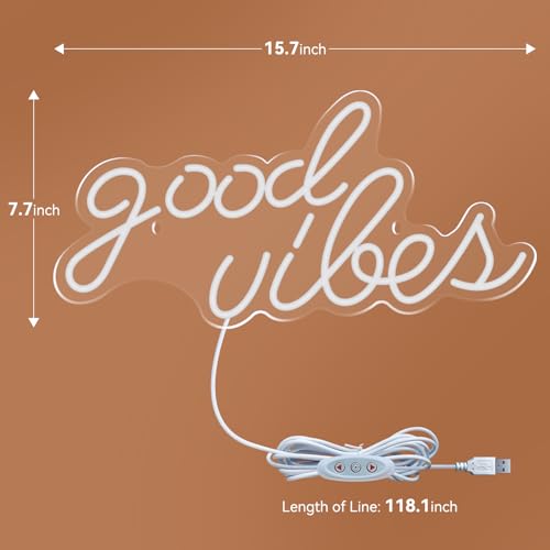 Image of Neon Sign Good Vibes, Dimmable LED USB Powerd Neon Light for Wall Decor, Holiday Party Home Bar Decoration Festival Celebration 15.7 inch x 7.7 inch, Blue