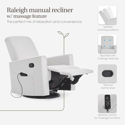 Image of Evolur Raleigh Glider with Massager in Charcoal, Upholstered Plush Seating 360 Swivel Glider Rocking Chair, FSC Certified, Greenguard Gold & JPMA Certified Nursery Glider Recliner
