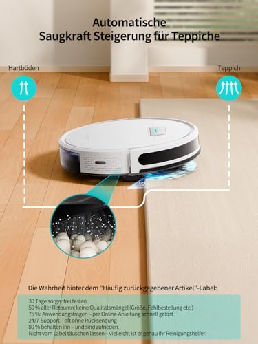 HONITURE Saugroboter mit Wischfunktion, 7000Pa Starke Saugkraft Staubsauger Roboter, Kehren Saugen Wischen 3 in 1 Roboterstaubsauger, für Tierhaare, Teppiche, Hartböden, Sprach, Fernbedienung, G20