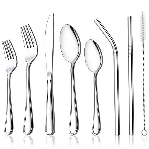 LIANYU 52-Piece Silverware Set with Metal Straws, Stainless Steel Cutlery Flatware Set