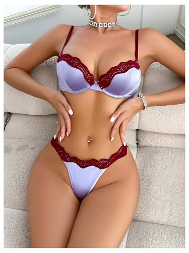SOLY HUX Women's Lace Trim Lingerie Sexy Underwire Push Up Bra and Panty 2 Piece Set2