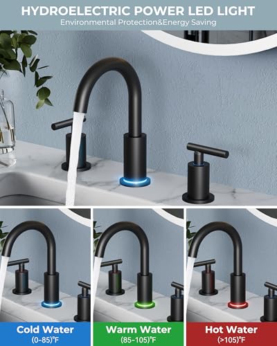 Image of FORIOUS LED Bathroom Faucet Black 3 Hole with Temperature Changing 3 Color Lights, 8 inch Widespread Matte Black LED Bathroom Sink Faucet 3 Hole with Pop Up Drain, Supply Lines, 360 Swivel Spout
