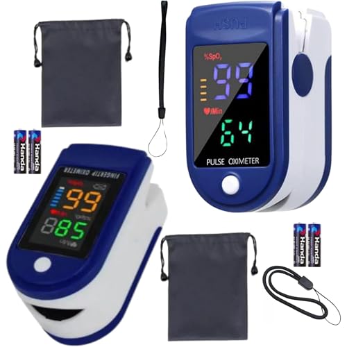 Oxymètre de Pouls Doigt – LOT DE 2 – Mesure SpO₂ & Fréquence Cardiaque – Écran LED Lisible – Piles Incluses – Oxymètre Adultes & Adolescents – Usage Bien-Être notice en Français etui et cordon