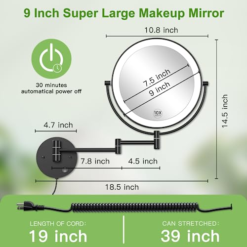 Wall Mounted Lighted Makeup Mirror - 9 Inch Large Double Sided 1X/10X Magnifying Led Vanity Mirror With 3 Color Lights & Stepless Dimming - 360°Swivel Extendable Bathroom Touch Sensor Cosmetic Mirror #TOP3