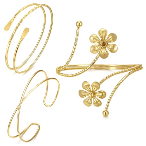 FANCYWUXI 3 Stück Oberarmreif Gold Set Minimalistische Spule Oberes Armband Verstellbar Geschichteter Armreifen Oberarm Damen Armreif Stapelbarer Schmuck Für Partys Und Besondere Anlässe (Blume)