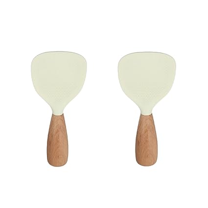 Pokinge 2pcs Standing Silicone Rice Spoon with Wooden Handle,Non stick Anti-scalding Rice Spatula Tableware,Heat Resistant Rice Shovel Household Rice Scooper