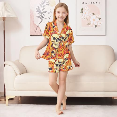 ALAZA Sugar Skull Abstract Yellow Satin Pajamas Set Short Sleeve Button Down Sleepwear Summer Pjs 2 Piece3