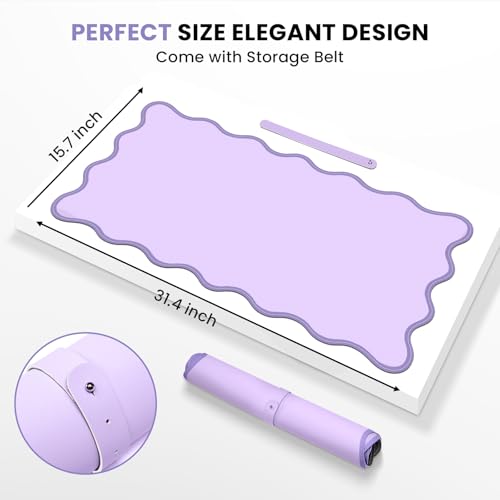 Image of Leather Desk Mat, XXL Large 31.4x15.7in Scalloped Gaming Mouse pad，Non-Slip Rubber Base Keyboard Pad Mousepad for Laptop Computer Game Home Office，Waterproof and Oilproof Desktop Mat I Purple