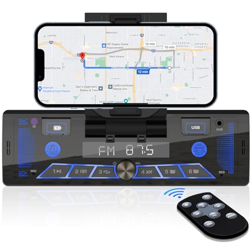 Single-Din Stereo with Car Phone Holder - Bluetooth Car Radio - Push to Talk Assistant Multi Color LCD AM FM Tuner AUX USB Built-in Mic Wireless Remote Control