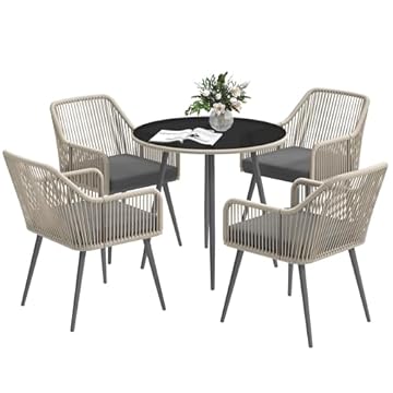 Outsunny Set Tavolo da Giardino con Sedie 5 Pezzi in Rattan e Acciaio, Salotto da Giardino con 4 Sedie da Esterno con Braccioli, Cuscini Lavabili e Tavolo in Vetro con Foro per Ombrellone, Marrone
