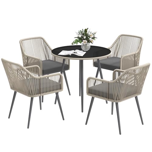 Outsunny Salon de Jardin extérieur en résine tressée 4 Places, Table et chaises de Jardin extérieur avec Coussins et Table Ronde en Verre, pour terrasse,...