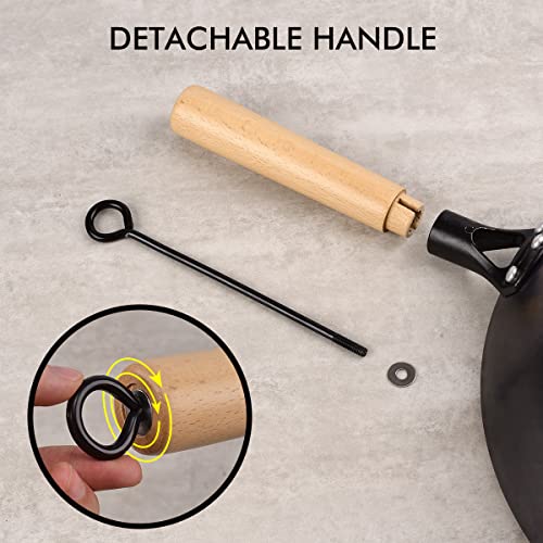 Carbon Steel Wok, 7 Pcs Wok Pan With Wooden Lid & Handle Stir-Fry Pans 12.8" Chinese Wok Flat Bottom Wok With Cookware Accessories Suitabe For All Stoves (Black) #TOP4