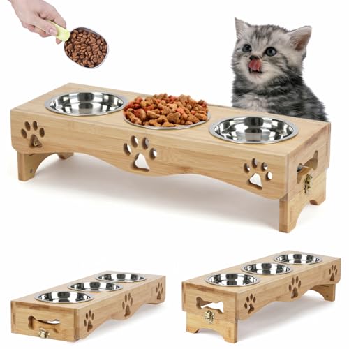 WPAJIRZO Katzennapf erhöht 3er Set - Edelstahl-Näpfe für Wasser & Futter mit Höhenverstellbarem Holzständer - Ergonomische Futterstation für Katzen & Welpen
