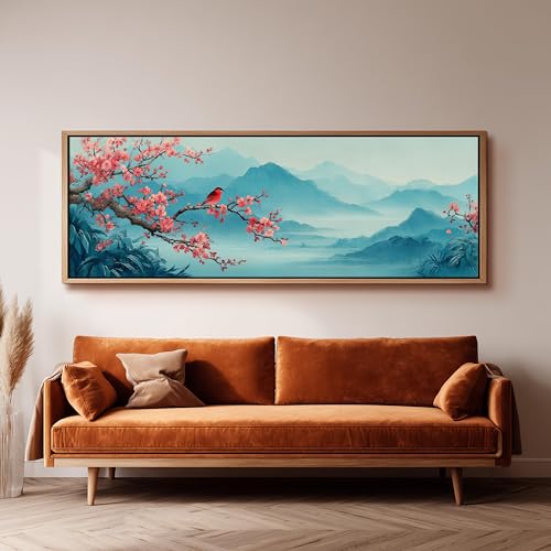 Impression horizontale longue montagne brumeuse, déco murale oiseau rouge - 3