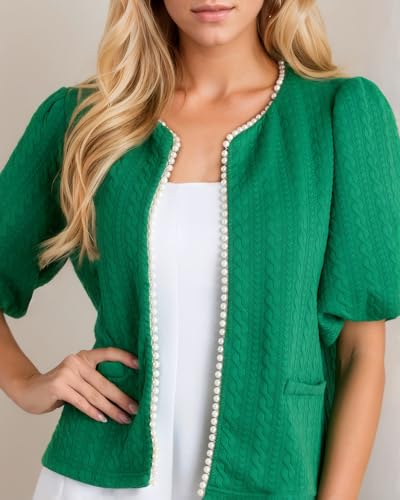 Image of Kedera Puff Short Sleeve Tweed Jacket Women Cropped Jackets Summer Open Front Elegant Trimmed Cardigans with Pearls