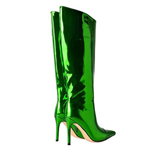 Image of Arqa Knee High Boots for Women Wide Calf 4 in Stiletto High Heel Metallic Boots Winter Chrome Zipper Long Boots Dressy Party Shoes