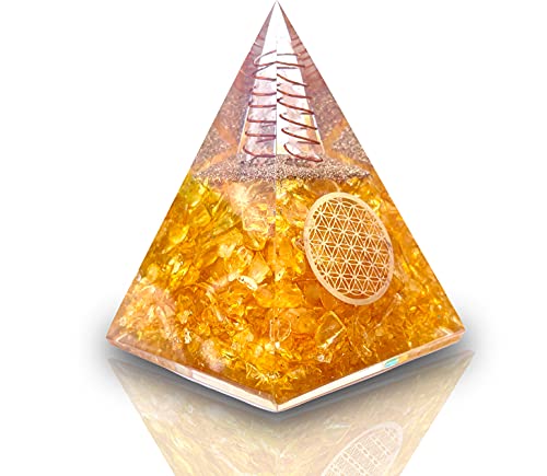 Bombay Crystals Export Orgone Pyramid Citrine w/Copper Coil & Flower Of Life Symbol - Healing Orgonite Pyramids Crystal Stones for Strong Positive Energy, Happiness & Wealth Attraction