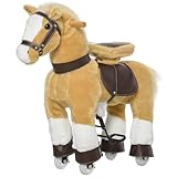 Qaba Ride on Horse, Plush Walking Horse Toy, Kids Riding Chair with Wheels for Kids 3-8 Years, Light Brown
