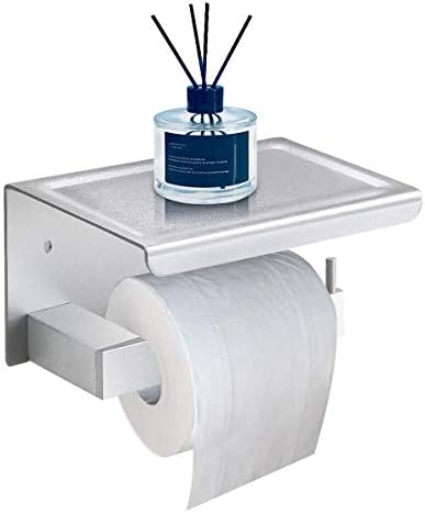 Toilet Paper Holder With Shelf,CREPOW Aluminum Alloy Bathroom Toilet Roll Holder with Mobile Phone Storage Shelf,3M Self-Adhesive No Drilling or Wall-Mounted with Screws,Anti-Rust Aluminum