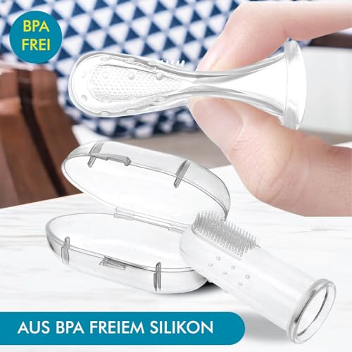 O³ Fingerzahnbürste Baby, 6 Stück mit Transportboxen, Mundpflege Bürste aus BPA-freiem Silikon, Finger Toothbrush, Zahnpflege Fingerling ab 6 Monaten, Babyzahnbürste zur Reinigung und Massage