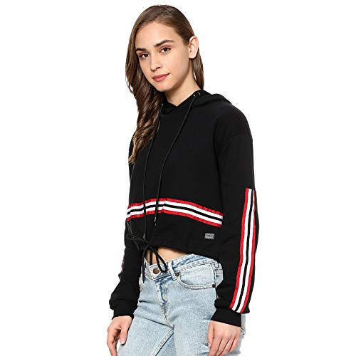 Image of PINACOLADA Women Black Solid Crop Hooded Sweatshirt