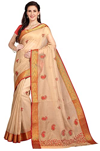 Image of RANI SAAHIBA Women's Poly Cotton Embroidered Saree With Blouse Piece (SKR7010 Beige-Red)