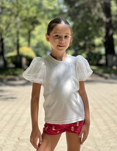 Image of Arshiner Girls Shirts Mesh Puff Short Sleeves Blouse Crewneck Cute Print Summer Kids Tee Tops