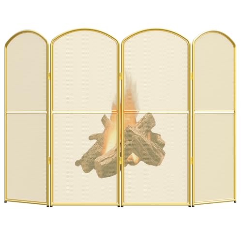 Fireplace Screen Stand Alone Gold Foldable Fireplace Gate 4 Panel