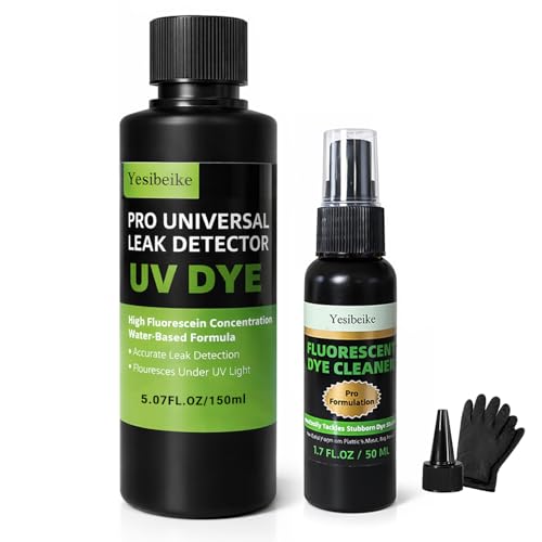 Yesibeike Automotive UV Leak Detector Dye Kit 150ml High Visibility Tracer for Radiator Coolant Systems Hose Heater Core Water Pump and AC Includes Dye Cleaner and Gloves