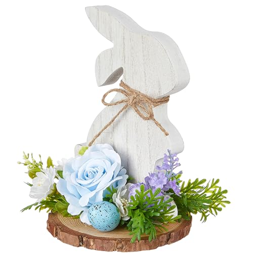 Estatua de conejo de Pascua - Estatua de conejo de granja de madera, adorable centro de mesa para decoración de mesa de buena Pascua, conejo blanco con flores de huevo | Encantador