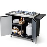 ROVSUN 5 Burner Propane Stove with Storage Cabinet & Side Shelves, Portable Outdoor Gas Burner with Auto-ignition, Regulator & Wheels for Backyard Kitchen Patio Cooking Brewing Frying