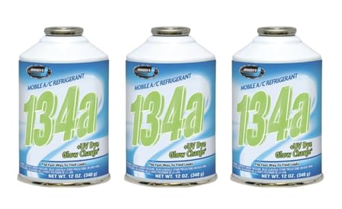 R134a Industrial Replacement | 12oz Can with UV DYE Leak Finder Solution + SELF Seal Valve. AC Recharging (3 cans) Made in The USA Safe for Gas & Diesel Freon