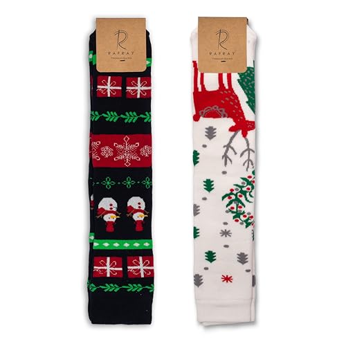 Image of RAFRAY Women's Christmas Socks - Cozy Calf-Length Winter Socks with Snowman & Reindeer - Gift Box - 2 Pairs - Size 5-9.5