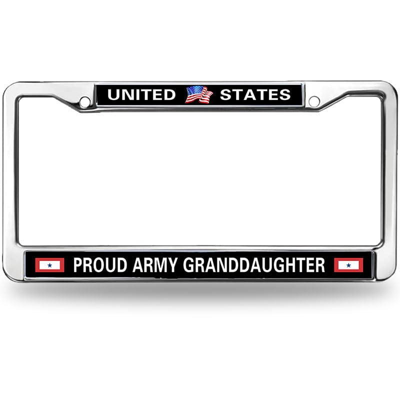 Image of US Army Grand Daughter Black Car Chrome License Plate Frame,Proud US Army Metal Chrome Auto License Plate Cover for Auto Car SUV Trucks