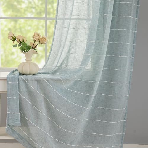 Seafoam Blue Sheer Voile Curtains - 96" Long, Striped Design,