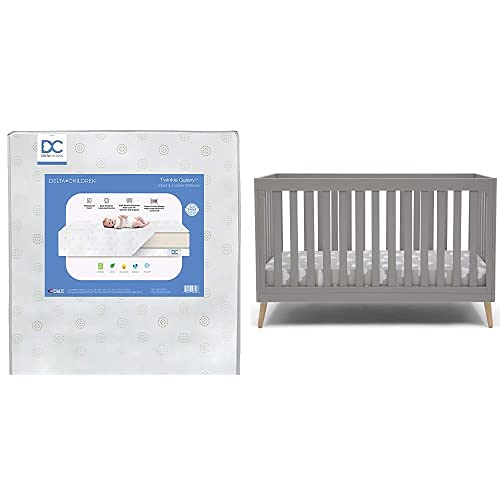 Delta Children Essex 4-In-1 Convertible Baby Crib, Grey With Natural Legs + Delta Children Twinkle Galaxy Dual Sided Recycled Fiber Core Crib And Toddler Mattress (Bundle) #TOP14