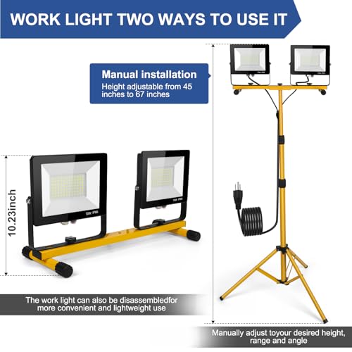JDZKOMKE 14000Lumens LED Work Lights with Stand, 2 Adjustable Work Lamp Head with Individual Switch, IP66 Waterproof Tripod Work Light for Outdoor Indoor Job Site Workshop Garage Construction Site