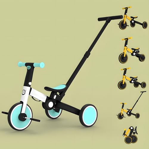 LHTJHP 5 in 1 Kids Tricycles,Push Tricycle,w/Adjustable Seat Height and Removable Pedal,Folding Design, EVA Shock Absorbing wheelsfor 16 Month to 6 Years Trike Stroller,Toddler Tricycle,Blue + Putter