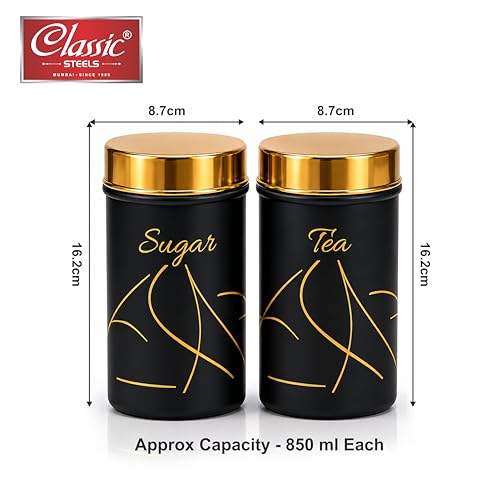 Image of Classic Steels Premium Long Tea & Sugar Canister Set (850ml) (Black) | Airtight Kitchen Canisters Stainless Steel Storage Jars with Gold Lid & Label | Matte Finish Kitchen Storage Container Set
