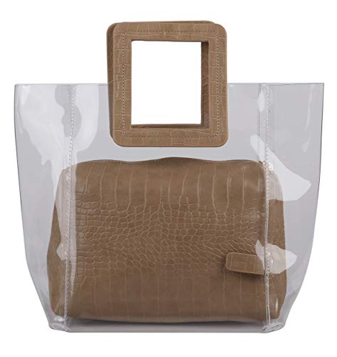 [エンジェルムーン] クリアトートバッグ レディース 手提げバッグ ビニールバッグ PVC 大きめ オシャレ 高校生 かっこいい きれいめ しっかり てさげ 大人 れでいーす オフィス カジュアル トラベル ガーリー ガールズ フェイクレザー (ベージュ)