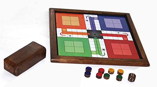 Image of Reversible Wooden Magnetic Ludo /Snakes and ladders Game /Fun /Travel Board Game with Dice (Brown) Size - 25 x 25 x 2 cm