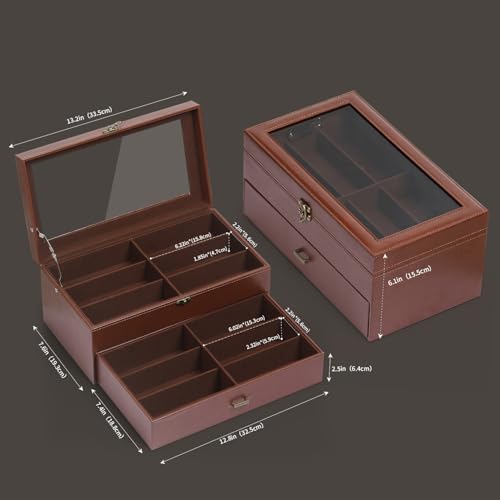 Image of AUTOARK Leather & Velvet 12 Piece Eyeglasses Display Case,Coffee,AW-164 | Clear Lid,Storage and Sunglass Organizer,Drawer Lockable