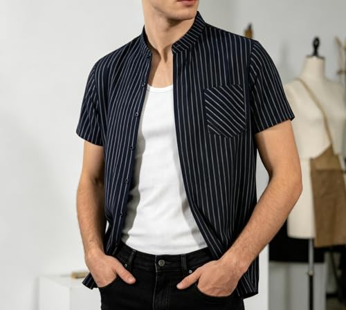 BAYAMO Men's Banded Collar Stripe Shirt,Mandarin Collar Short Sleeve Button Down Shirts Collarless Tops with Pocket for Casual & Business (Black, L) — view 2