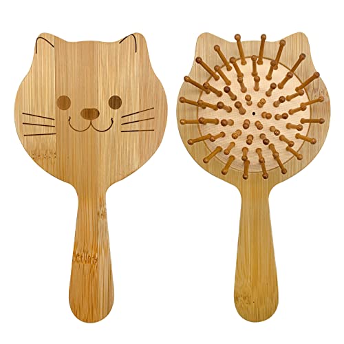 Brosse Cheveux Enfant, Brosse à Cheveux Enfant Bambou Brosse Enfant Cheveux Petite Brosse a Cheveux Mini Bamboo Brush Brosse Cheveux Bambou Enfant Filles (Chat)